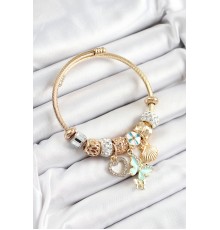 316L Çelik Mavi Zirkon Taşlı Kalp Kelebek Ve İstiridye Model Gold Renk Charm Bileklik