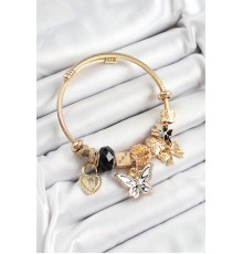 316L Çelik Siyah Zirkon Taşlı Kelebek Fiyonk Ve Kilit Model Gold Renk Charm Bileklik