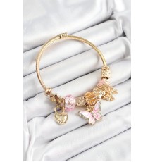 316L Çelik Pembe Zirkon Taşlı Kelebek Fiyonk Ve Kilit Model Gold Renk Charm Bileklik