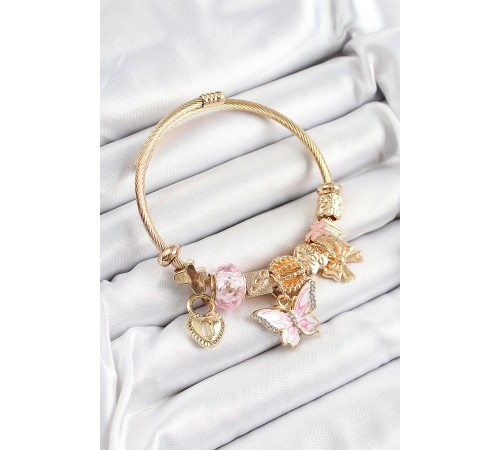 316L Çelik Pembe Zirkon Taşlı Kelebek Fiyonk Ve Kilit Model Gold Renk Charm Bileklik 316L Çelik Pembe Zirkon Taşlı Kelebek Fiyonk Ve Kilit Model Gold Renk Charm Bileklik