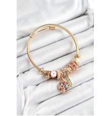 316L Çelik Pembe Nazarlı Zirkon Taşlı İnci Detaylı Hayat Ağacı Model Gold Renk Charm Bileklik