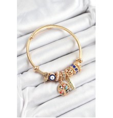 316L Çelik Lacivert Nazarlı Zirkon Taşlı İnci Detaylı Hayat Ağacı Model Gold Renk Charm Bileklik