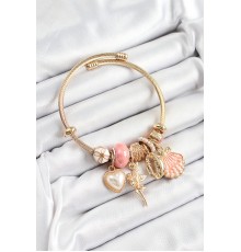 316L Çelik Pembe Zirkon Taşlı Yıldız Melek İstiridye Ve Kalp Model Gold Renk Charm Bileklik
