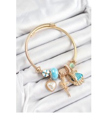 316L Çelik Mavi Zirkon Taşlı Yıldız Melek İstiridye Ve Kalp Model Gold Renk Charm Bileklik