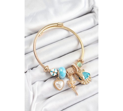 316L Çelik Mavi Zirkon Taşlı Yıldız Melek İstiridye Ve Kalp Model Gold Renk Charm Bileklik 316L Çelik Mavi Zirkon Taşlı Yıldız Melek İstiridye Ve Kalp Model Gold Renk Charm Bileklik