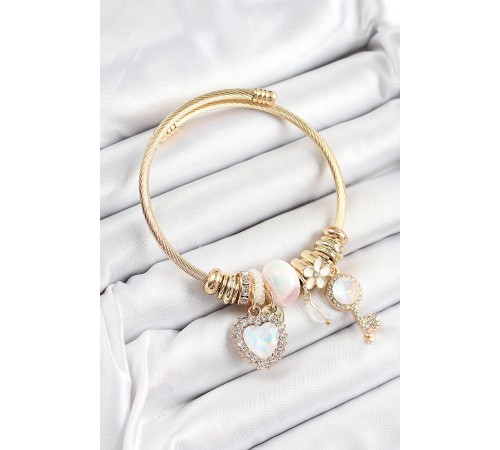 316L Çelik Beyaz Zirkon Taşlı Anahtar Ve Kalp Model Gold Renk Charm Bileklik 316L Çelik Beyaz Zirkon Taşlı Anahtar Ve Kalp Model Gold Renk Charm Bileklik