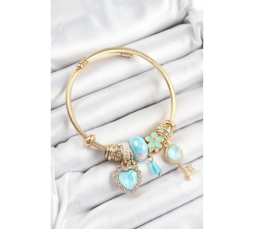 316L Çelik Mavi Zirkon Taşlı Anahtar Ve Kalp Model Gold Renk Charm Bileklik 316L Çelik Mavi Zirkon Taşlı Anahtar Ve Kalp Model Gold Renk Charm Bileklik