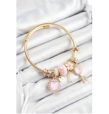316L Çelik Pembe Zirkon Taşlı Anahtar Ve Kalp Model Gold Renk Charm Bileklik