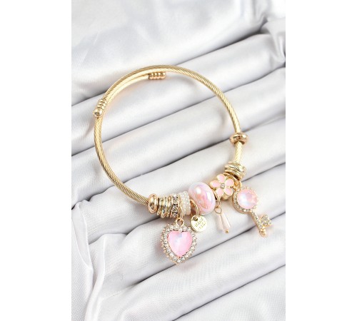 316L Çelik Pembe Zirkon Taşlı Anahtar Ve Kalp Model Gold Renk Charm Bileklik 316L Çelik Pembe Zirkon Taşlı Anahtar Ve Kalp Model Gold Renk Charm Bileklik