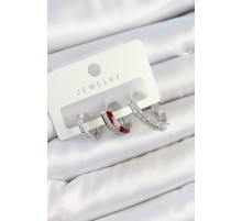 Pirinç Zirkon Taşlı Bordo Pembe Halka Model Gümüş Renk 3'lü Çift Kadın Küpe Set