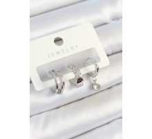 Pirinç Zirkon Taşlı Halka Model Gümüş Renk 3'lü Çift Kadın Küpe Set