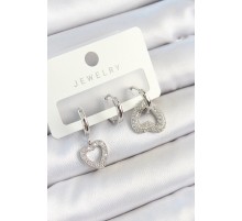 Pirinç Zirkon Taşlı Kalp Model Gümüş Renk 3'lü Çift Kadın Küpe Set