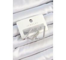 Pirinç Zirkon Taşlı Dikdörtgen Model Gümüş Renk 3'lü Çift Kadın Küpe Set