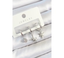 Pirinç Zirkon Taşlı Kutup Yıldızı Model Gümüş Renk 3'lü Çift Kadın Küpe Set