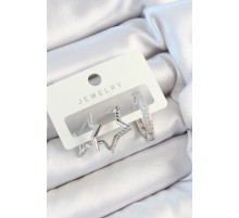 Pirinç Zirkon Taşlı Yıldız Ve Halka Model Gümüş Renk 3'lü Çift Kadın Küpe Set