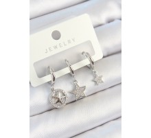Pirinç Zirkon Taşlı Yıldız Model Gümüş Renk 3'lü Çift Kadın Küpe Set
