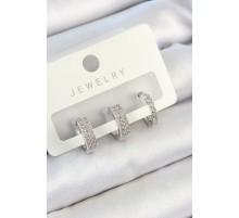 Pirinç Zirkon Taşlı Halka Model Gümüş Renk 3'lü Çift Kadın Küpe Set