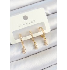 Pirinç Zirkon Taşlı Sallantılı Yıldız Model Gold Renk 3'lü Çift Kadın Küpe Set