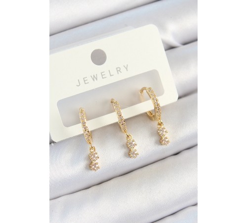 Pirinç Zirkon Taşlı Sallantılı Yıldız Model Gold Renk 3'lü Çift Kadın Küpe Set Pirinç Zirkon Taşlı Sallantılı Yıldız Model Gold Renk 3'lü Çift Kadın Küpe Set