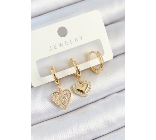 Pirinç Zirkon Taşlı Sallantılı Kalp Model Gold Renk 3'lü Çift Kadın Küpe Set Pirinç Zirkon Taşlı Sallantılı Kalp Model Gold Renk 3'lü Çift Kadın Küpe Set