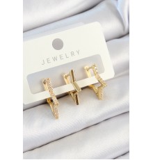 Pirinç Zirkon Taşlı Yıldız Model Gold Renk 3'lü Çift Kadın Küpe Set