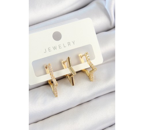 Pirinç Zirkon Taşlı Yıldız Model Gold Renk 3'lü Çift Kadın Küpe Set Pirinç Zirkon Taşlı Yıldız Model Gold Renk 3'lü Çift Kadın Küpe Set