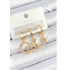 Pirinç Zirkon Taşlı Yıldız Ve Ay Model Gold Renk 3'lü Çift Kadın Küpe Set
