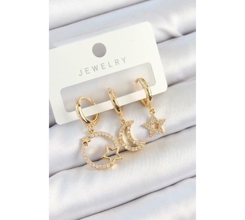 Pirinç Zirkon Taşlı Yıldız Ve Ay Model Gold Renk 3'lü Çift Kadın Küpe Set Pirinç Zirkon Taşlı Yıldız Ve Ay Model Gold Renk 3'lü Çift Kadın Küpe Set