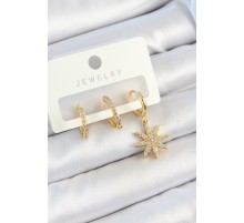 Pirinç Zirkon Taşlı Kutup Yıldızı Model Gold Renk 3'lü Çift Kadın Küpe Set