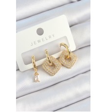 Pirinç Zirkon Taşlı Kare Model Gold Renk 3'lü Çift Kadın Küpe Set