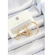 Pirinç Zirkon Taşlı Yıldız Ve Halka Model Gold Renk 3'lü Çift Kadın Küpe Set