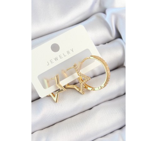 Pirinç Zirkon Taşlı Yıldız Ve Halka Model Gold Renk 3'lü Çift Kadın Küpe Set Pirinç Zirkon Taşlı Yıldız Ve Halka Model Gold Renk 3'lü Çift Kadın Küpe Set