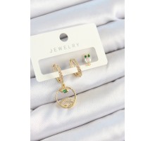 Pirinç Zirkon Taşlı Göz Ve Baykuş Model Gold Renk 3'lü Çift Kadın Küpe Set
