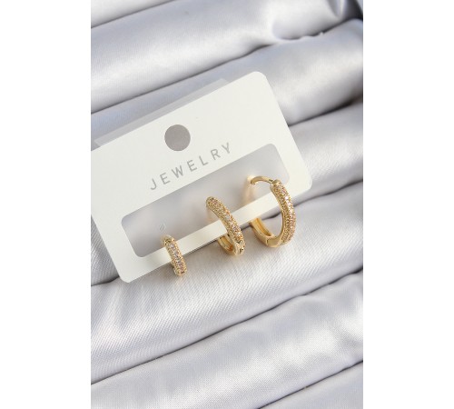 Pirinç Zirkon Taşlı Halka Model Gold Renk 3'lü Çift Kadın Küpe Set Pirinç Zirkon Taşlı Halka Model Gold Renk 3'lü Çift Kadın Küpe Set
