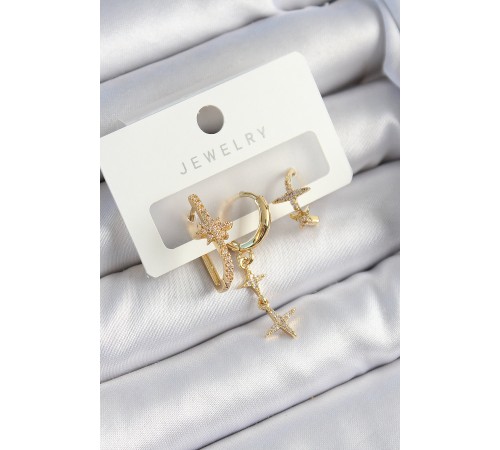 Pirinç Zirkon Taşlı Yıldız Model Gold Renk 3'lü Çift Kadın Küpe Set Pirinç Zirkon Taşlı Yıldız Model Gold Renk 3'lü Çift Kadın Küpe Set