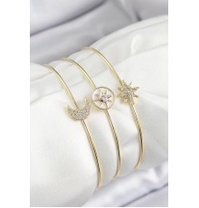 Pirinç Zirkon Taşlı Ay Ve Kutup Yıldızı Model Gold Renk Vip 3'lü Kadın Bileklik
