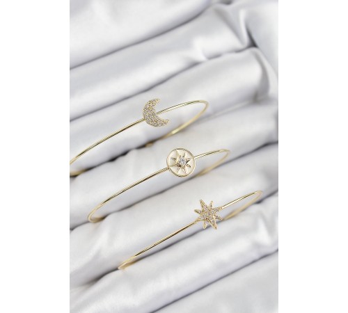 Pirinç Zirkon Taşlı Ay Ve Kutup Yıldızı Model Gold Renk Vip 3'lü Kadın Bileklik Pirinç Zirkon Taşlı Ay Ve Kutup Yıldızı Model Gold Renk Vip 3'lü Kadın Bileklik