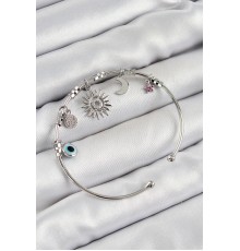 Pirinç Zirkon Taşlı Güneş Ay Ve Nazar Model Gümüş Renk Charm Bileklik