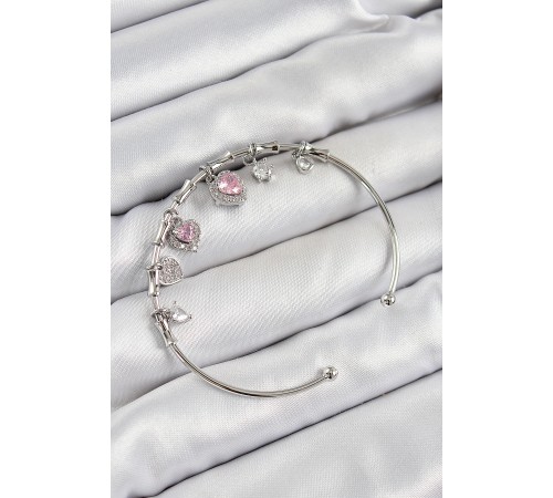 Pirinç Zirkon Taşlı Pembe Kalp Model Gümüş Renk Charm Bileklik Pirinç Zirkon Taşlı Pembe Kalp Model Gümüş Renk Charm Bileklik