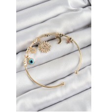 Pirinç Zirkon Taşlı Güneş Ay Nazar Model Gold Renk Charm Bileklik
