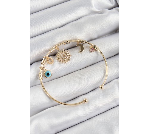 Pirinç Zirkon Taşlı Güneş Ay Nazar Model Gold Renk Charm Bileklik