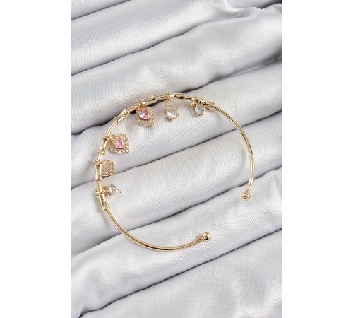 Pirinç Zirkon Taşlı Pembe Kalp Model Gold Renk Charm Bileklik