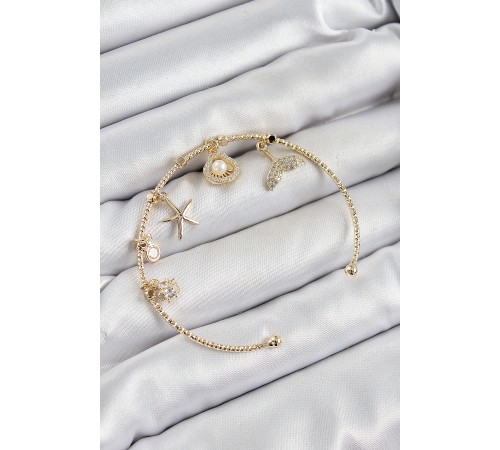 Pirinç Zirkon Taşlı İstiridye Ve Deniz Yıldızı Model Gold Renk Charm Bileklik