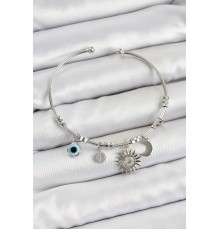Pirinç Zirkon Taşlı Güneş Ay Ve Nazar Model Gümüş Renk Charm Bileklik