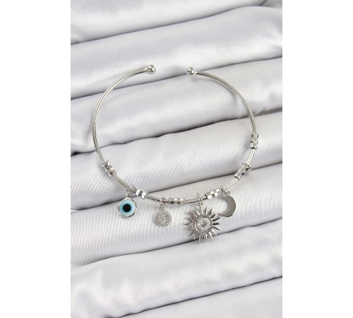 Pirinç Zirkon Taşlı Güneş Ay Ve Nazar Model Gümüş Renk Charm Bileklik