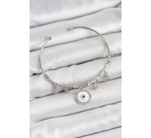 Pirinç Zirkon Taşlı Pusula Model Gümüş Renk Charm Bileklik