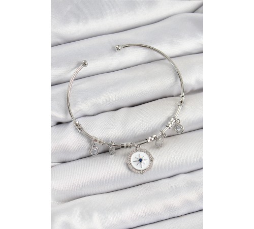 Pirinç Zirkon Taşlı Pusula Model Gümüş Renk Charm Bileklik