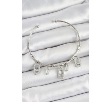 Pirinç Zirkon Taşlı Dikdörtgen Model Gümüş Renk Charm Bileklik