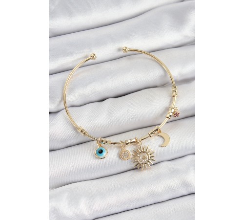 Pirinç Zirkon Taşlı Güneş Ay Nazar Model Gold Renk Charm Bileklik