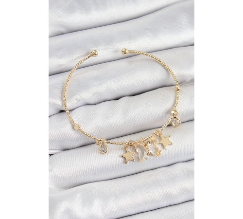 Pirinç Zirkon Taşlı Kelebek Ve Yıldız Model Gold Renk Charm Bileklik